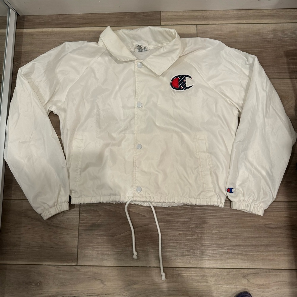 Champion Zumiez Windbreaker Jacket Long Sleeve Collar White Cropped Large
